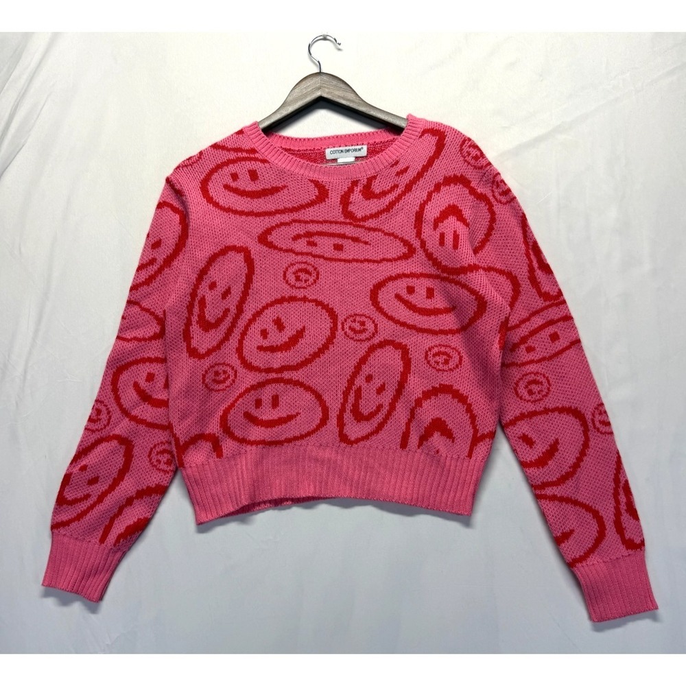 Cotton Emporium Sweater Women XL Pink Red Smiley Print Acrylic Tight Knit Ribbed
